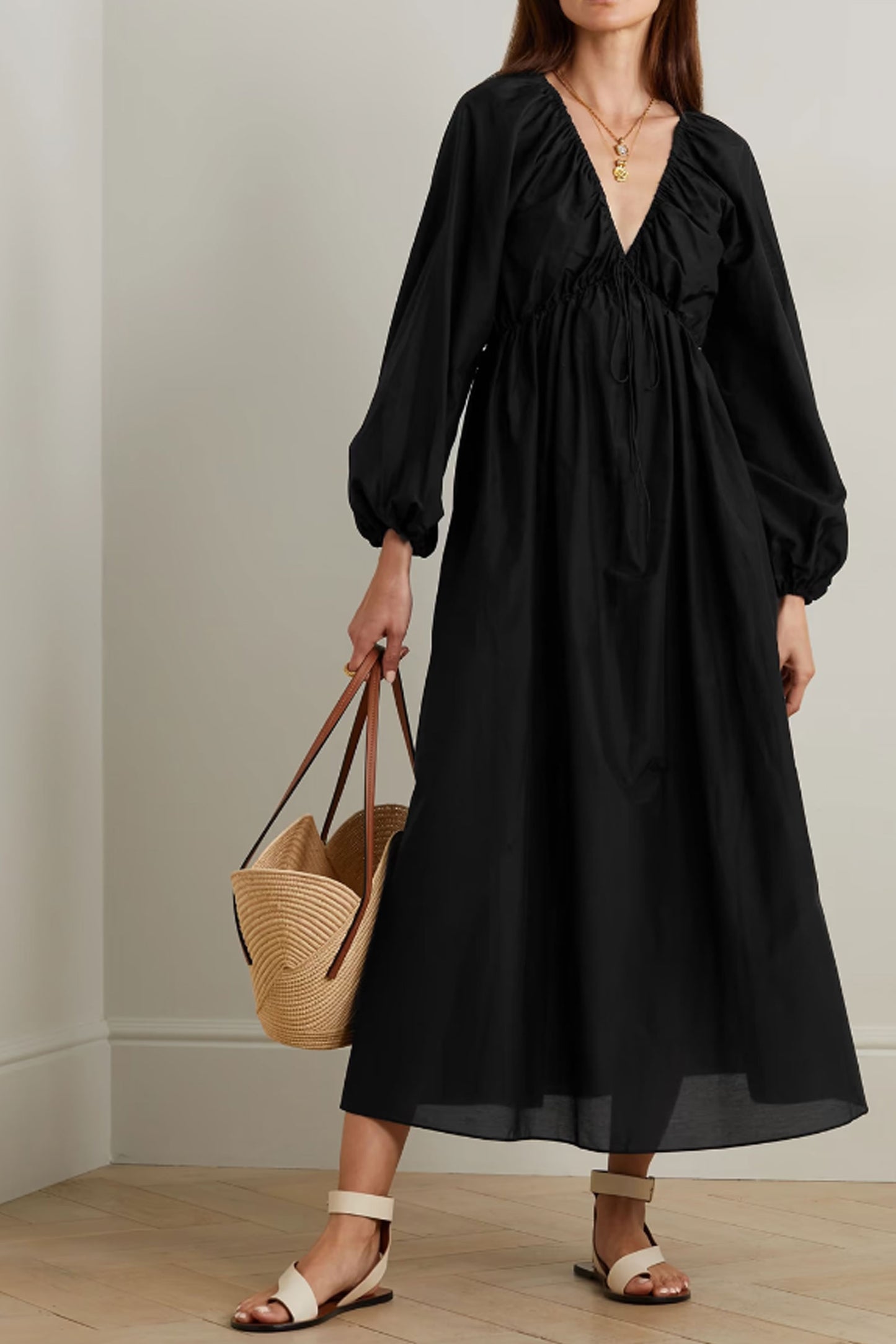Gathered Cotton-Poplin Midi Dress