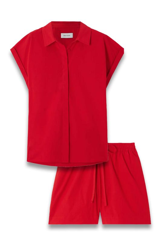 Organic Cotton-Poplin Shirt and Shorts in Red