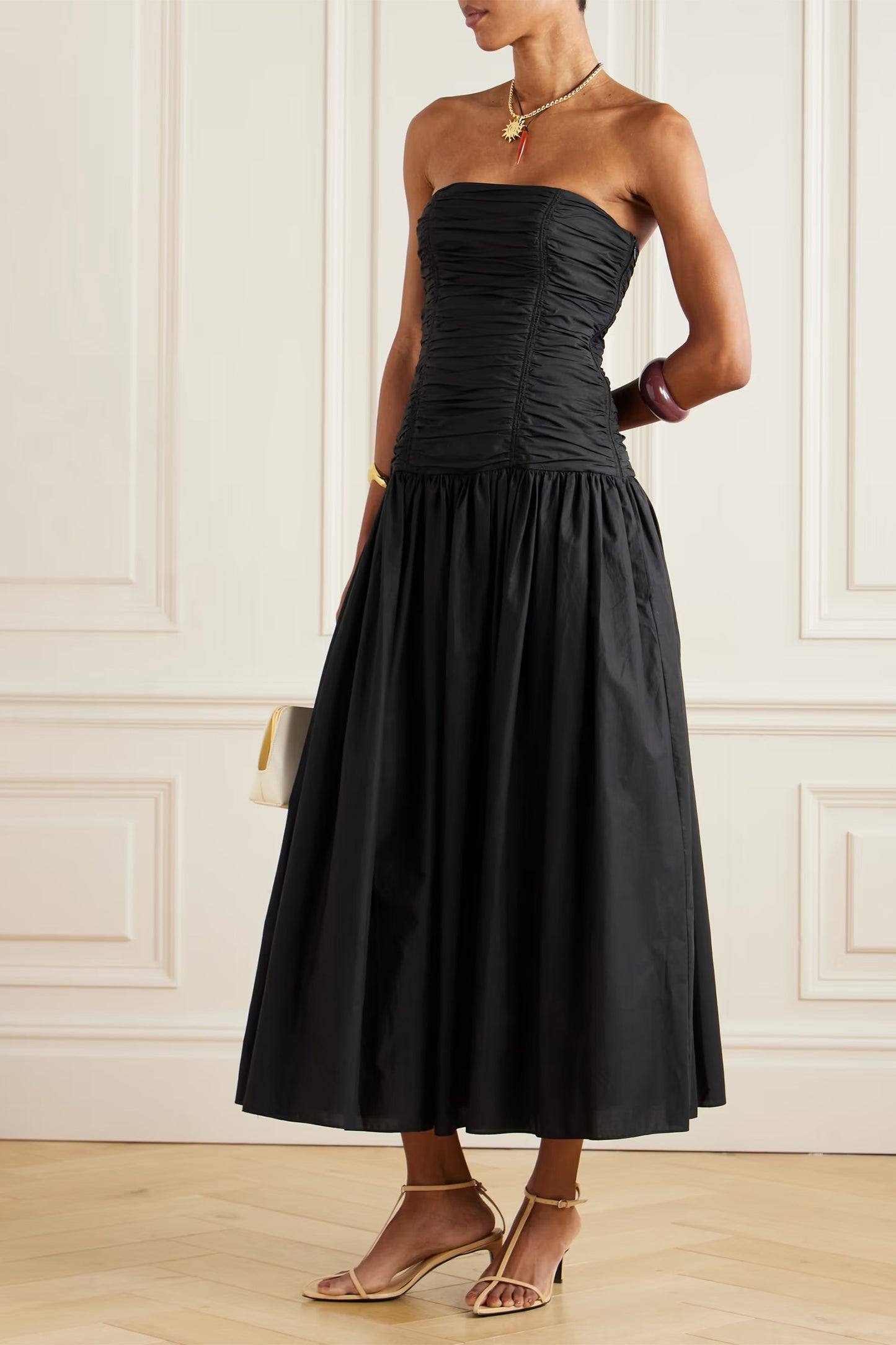 Strapless Ruched Organic Cotton-Poplin Midi Dress