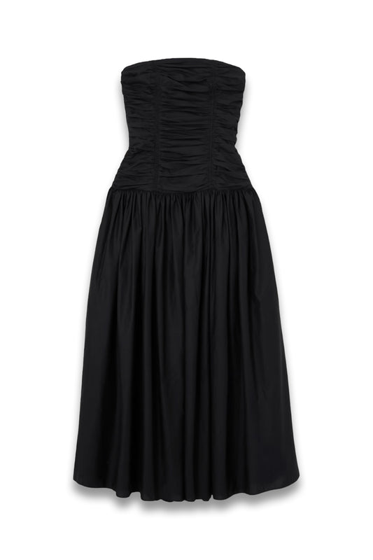 Strapless Ruched Organic Cotton-Poplin Midi Dress