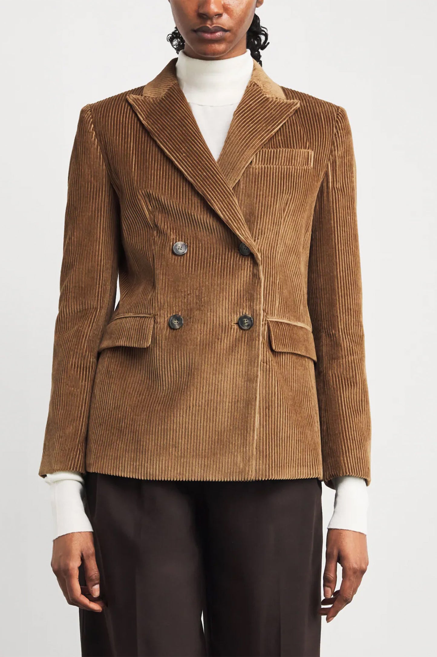 Beige Cotton Corduroy Double-Breasted Blazer