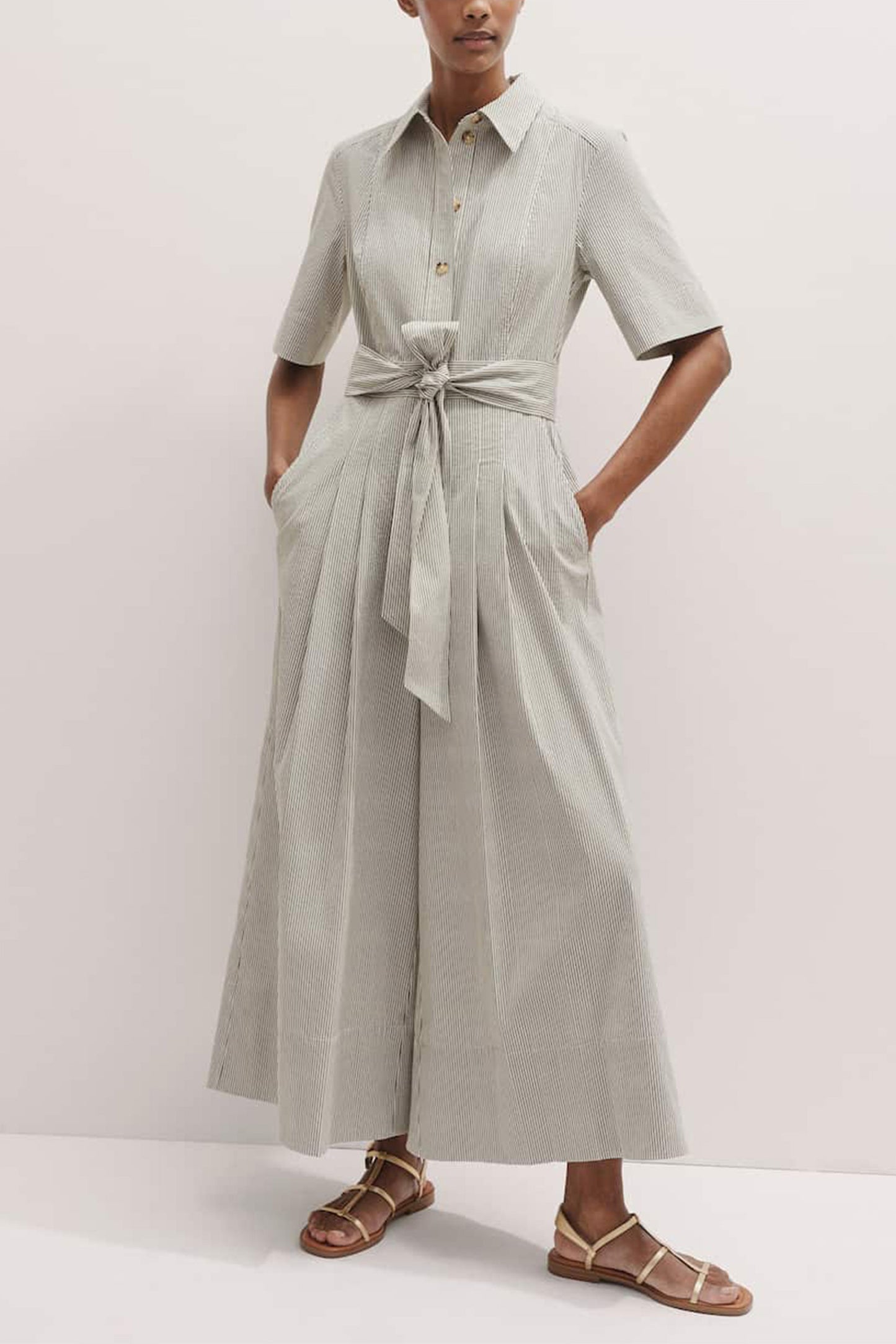 Seersucker Stripe Cropped Jumpsuit + Belt