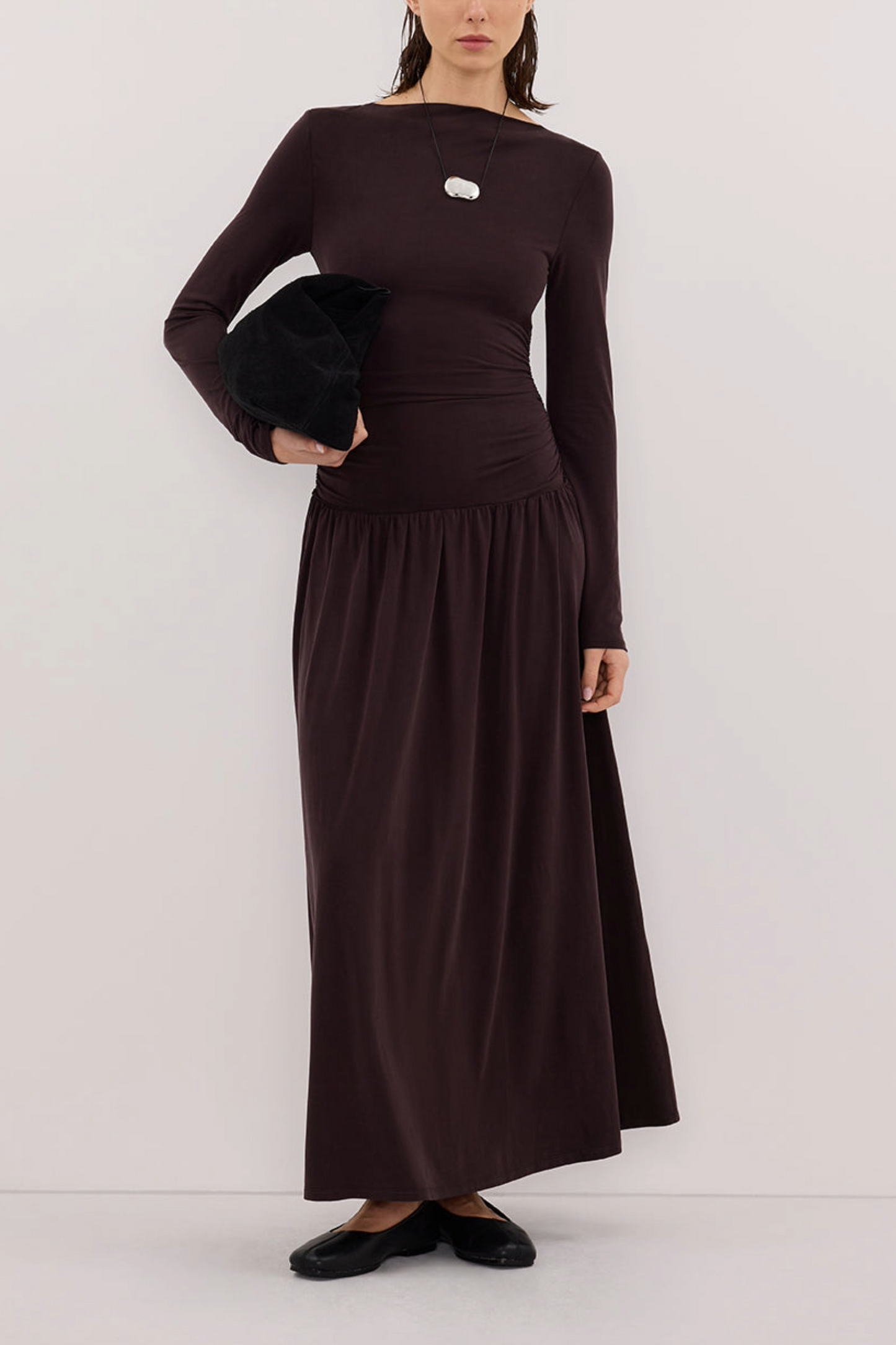 Meg Burnt-choc Long-sleeve Knit Midi Dress
