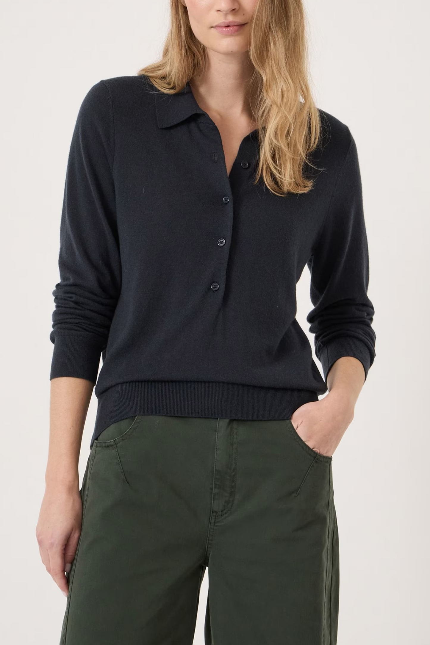 Merino-blend Long-sleeve Polo Top