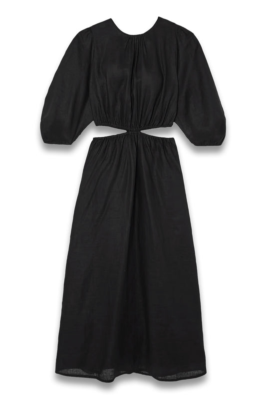 Hielo Cutout Gathered Linen Midi Dress