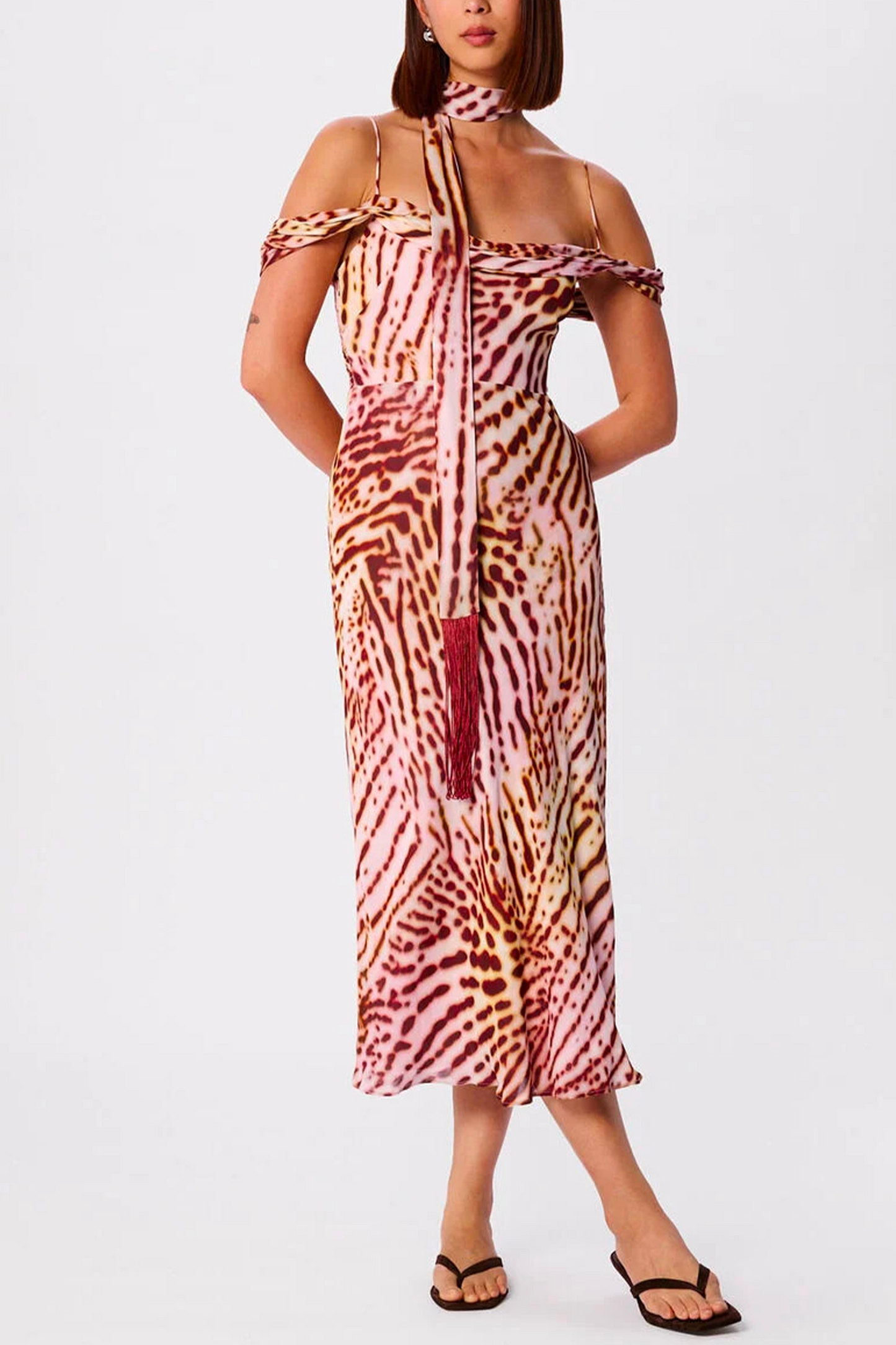 Pink Orchid Print Scarf Midi Dress