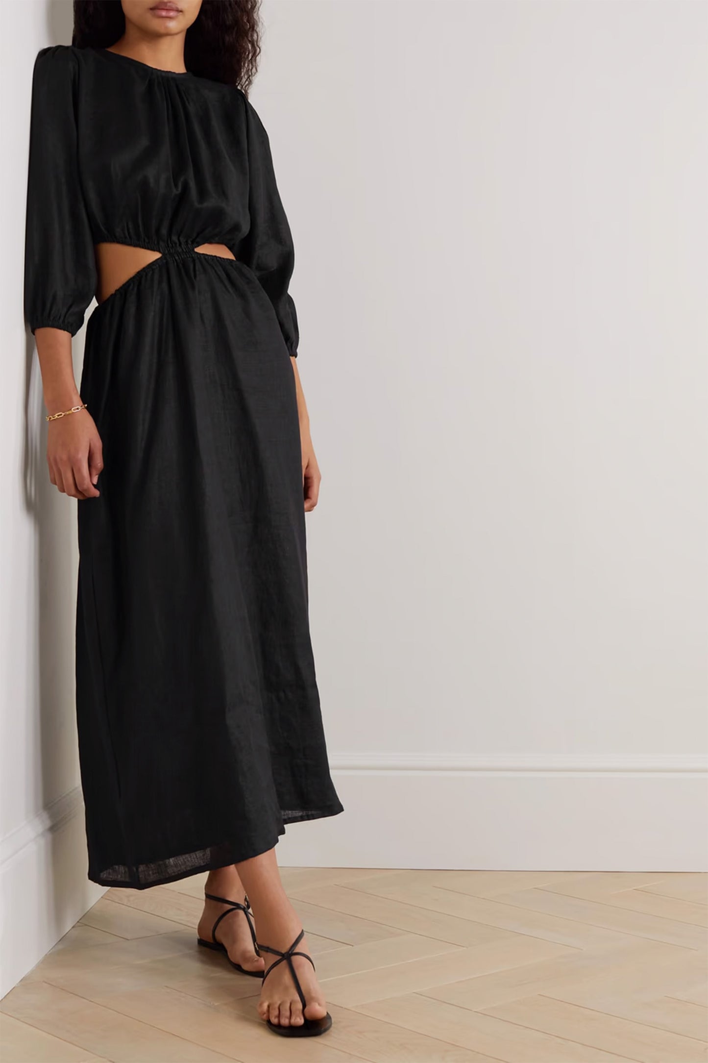 Hielo Cutout Gathered Linen Midi Dress