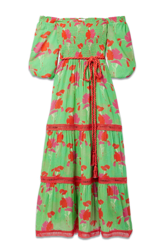 Mabelle Crochet-Trimmed Shirred Printed Cotton-Voile Maxi Dress