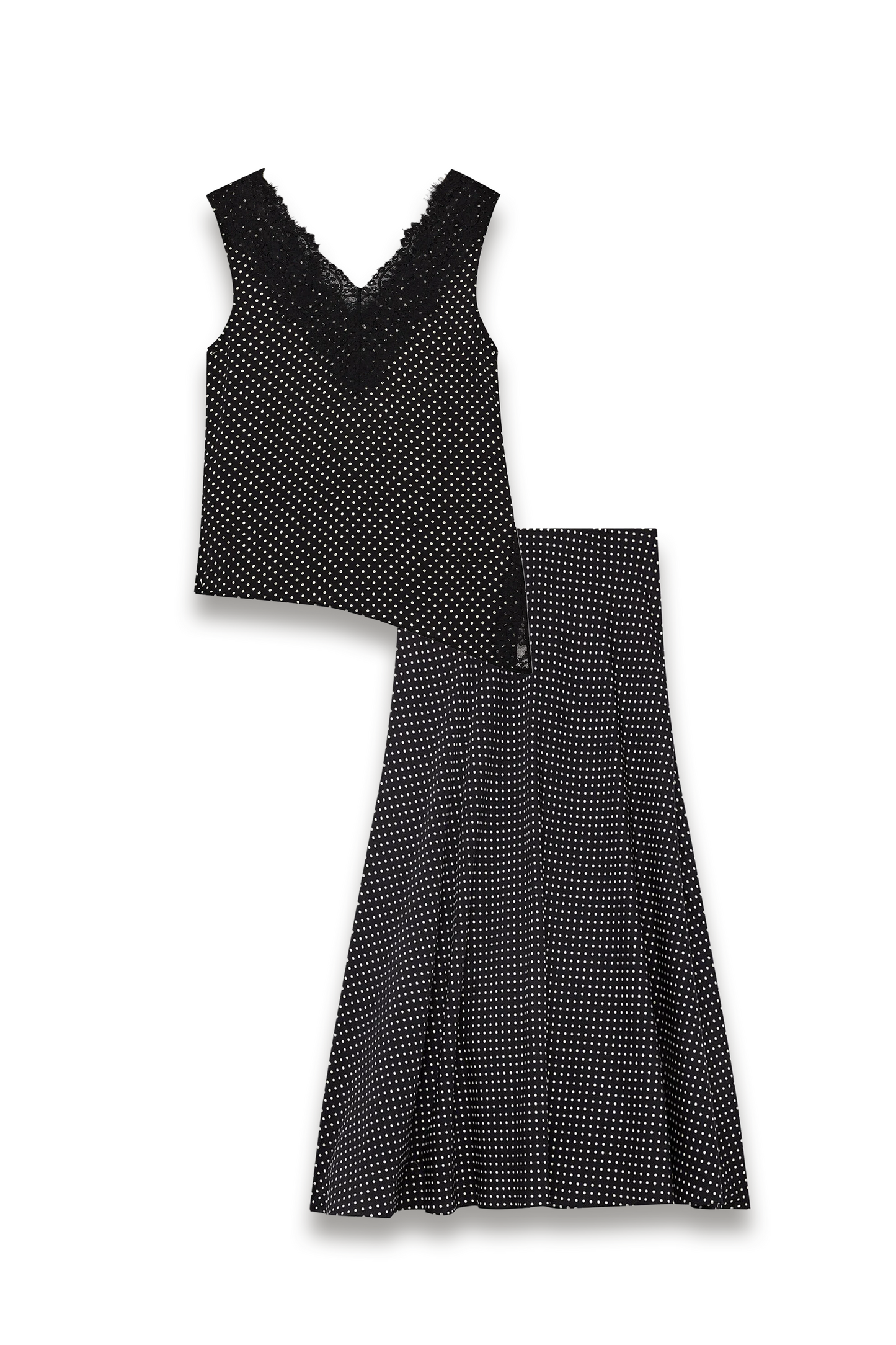 Black Mini-spot Lace-trim Top and Midi Skirt