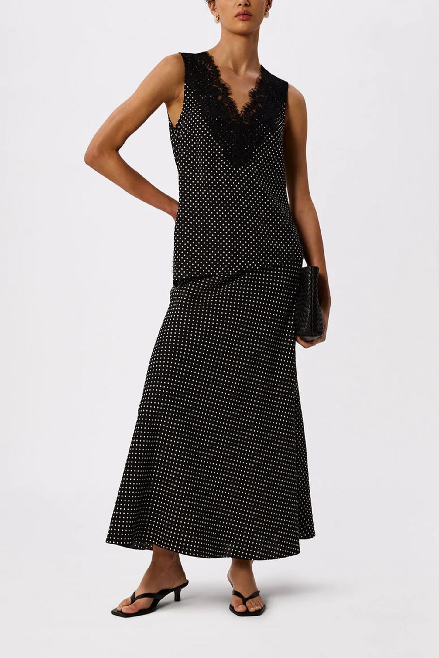 Black Mini-spot Lace-trim Top and Midi Skirt
