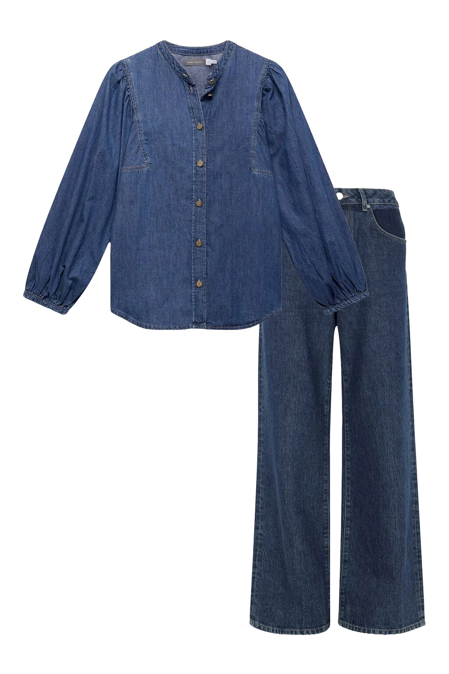 Puff Sleeve Denim Blouse and Workable Wide Jeans