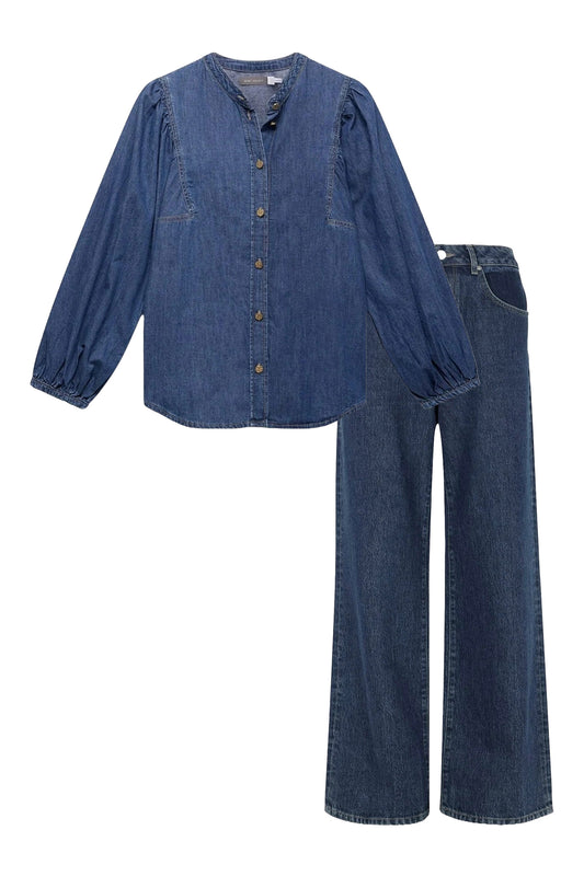 Puff Sleeve Denim Blouse and Workable Wide Jeans