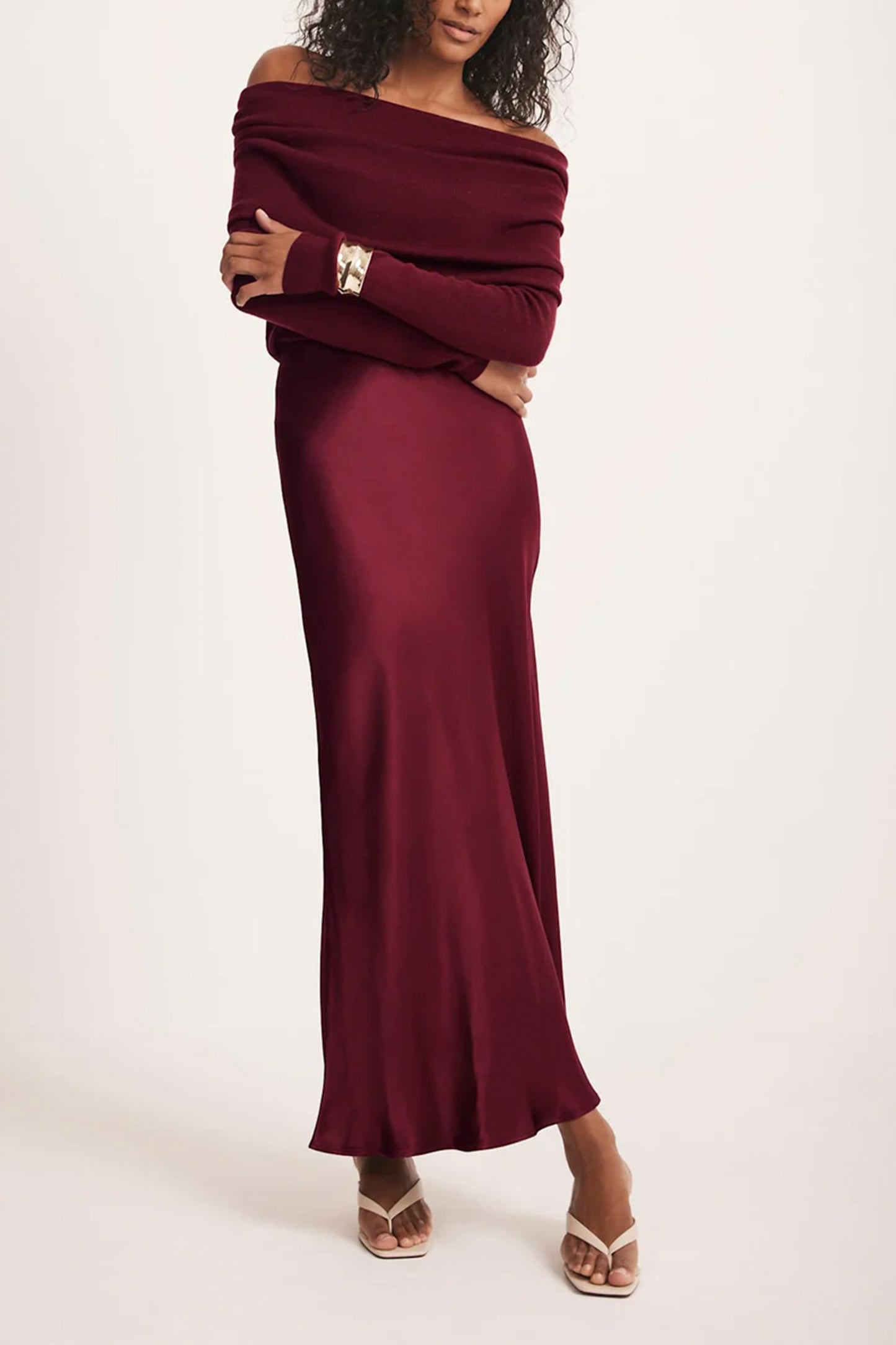 Burgundy Satin Slip Midi Skirt
