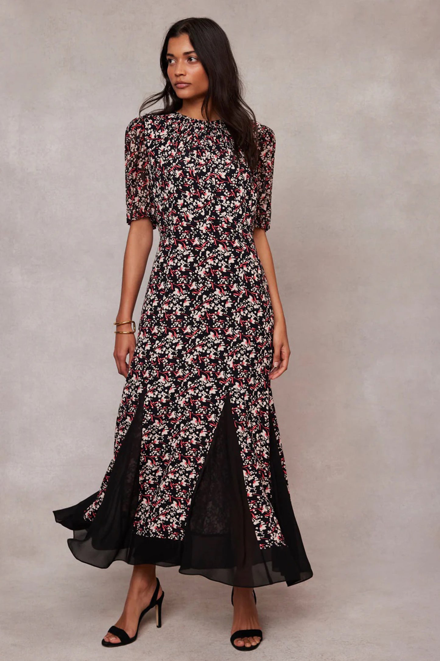 Black Floral Print Godet Maxi Dress