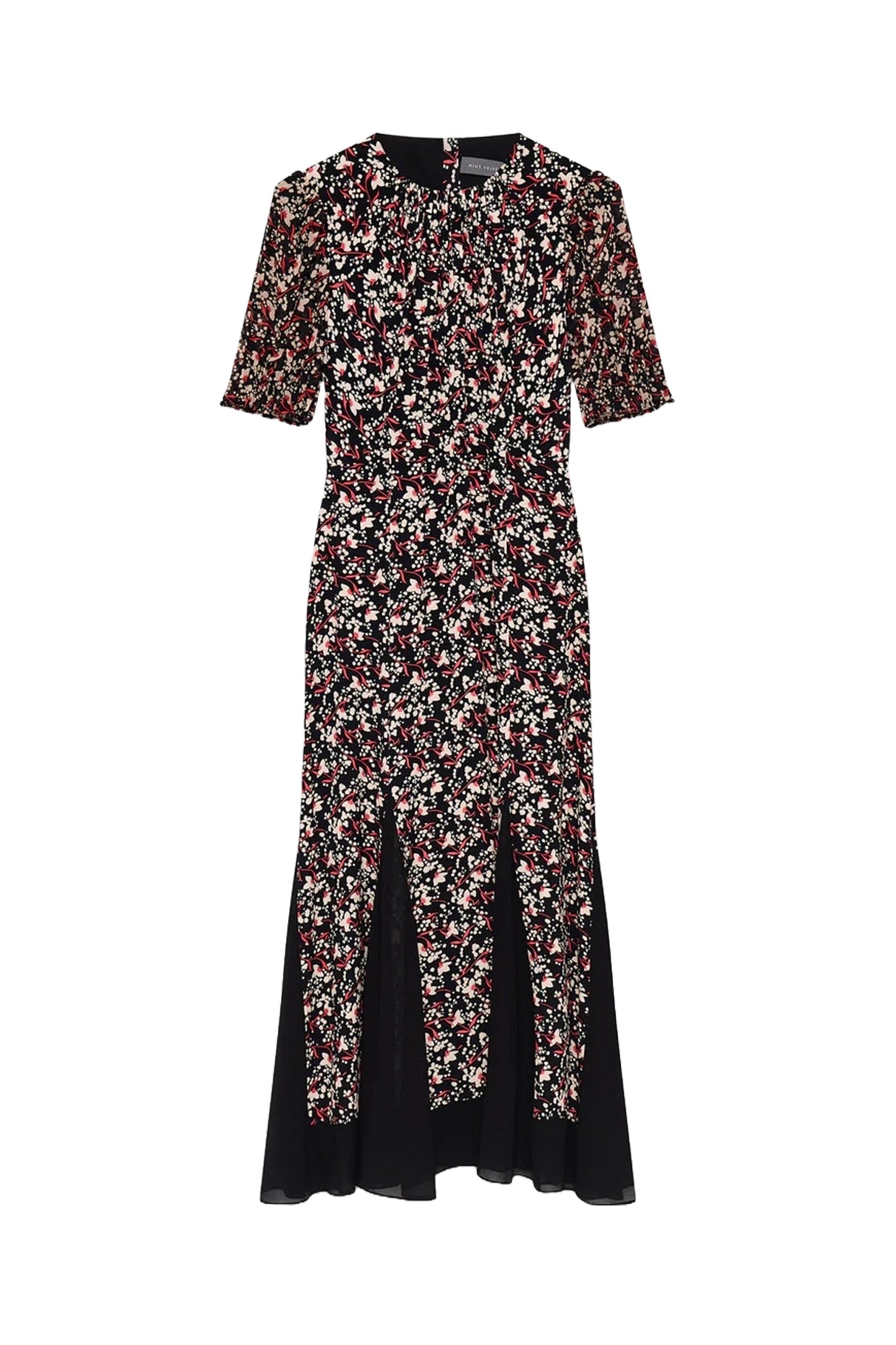 Black Floral Print Godet Maxi Dress