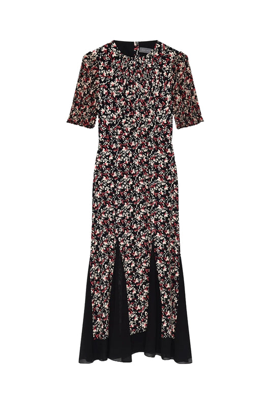 Black Floral Print Godet Maxi Dress