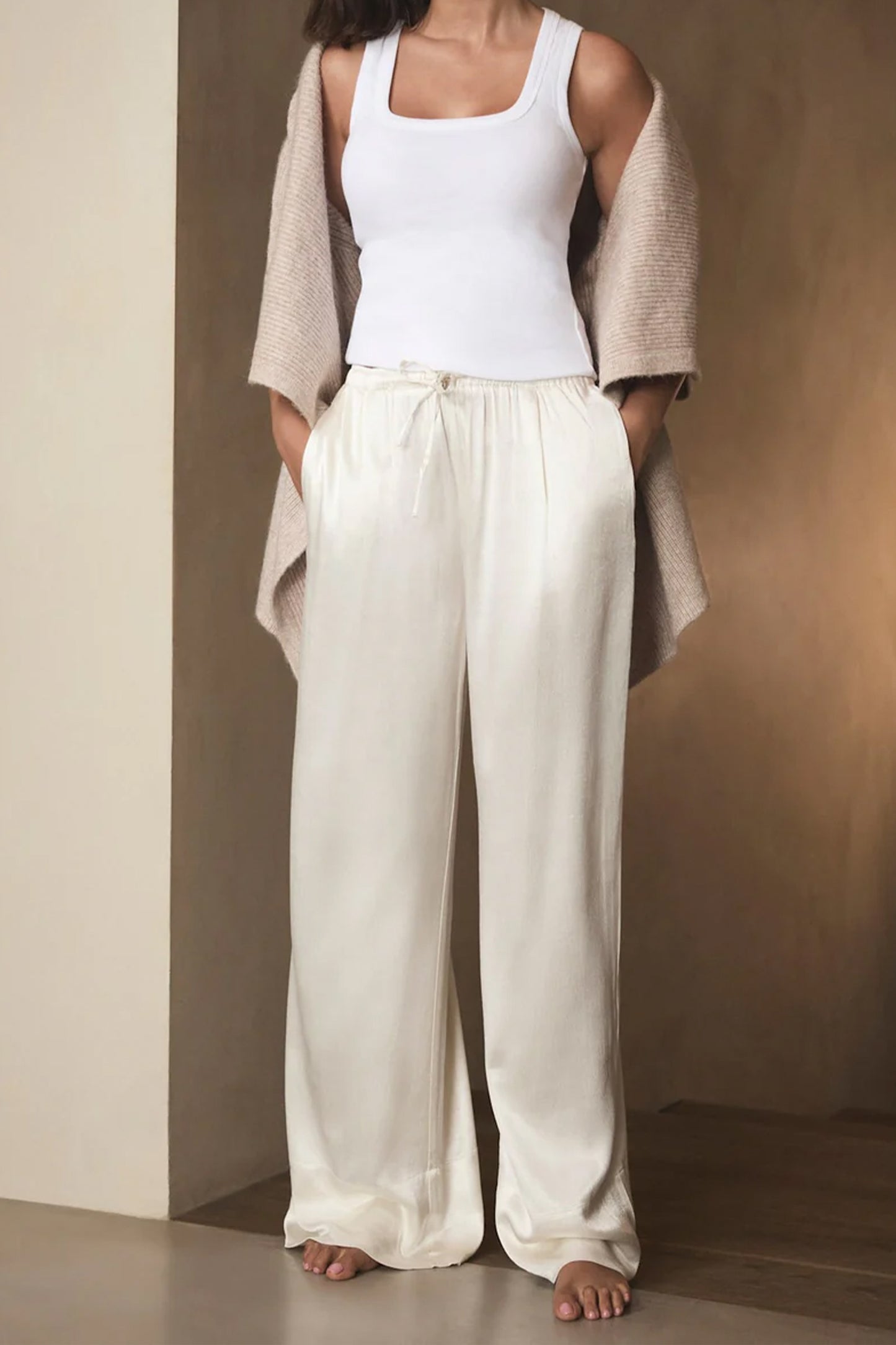 Cream Satin Wide-leg Trouser