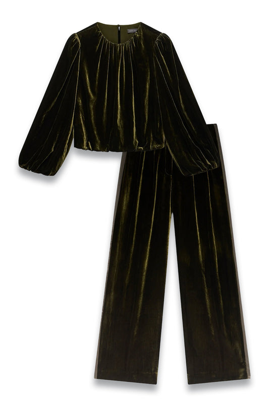 Khaki Velvet Long-sleeve Top & Velvet Wide Trousers