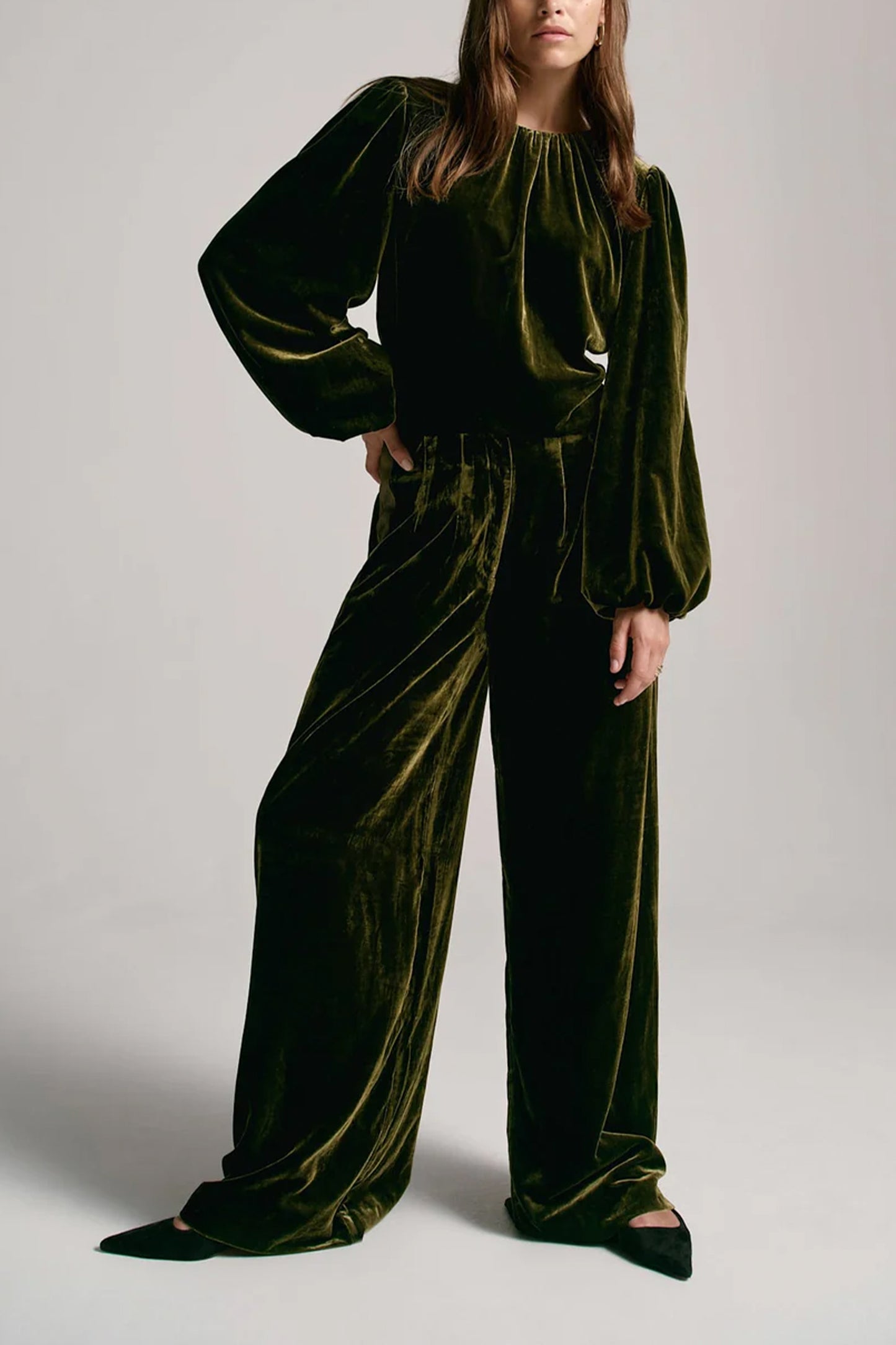 Khaki Velvet Long-sleeve Top & Velvet Wide Trousers