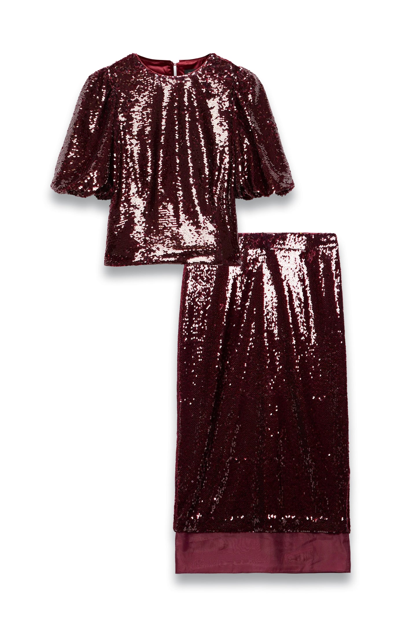 Burgundy Sequin Short Sleeve Top & Sequin Midi Skirt