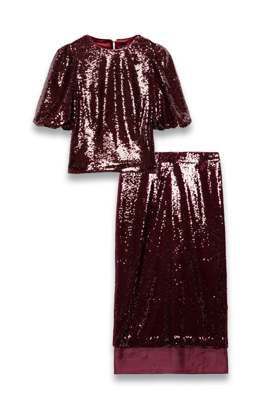Burgundy Sequin Short Sleeve Top & Sequin Midi Skirt