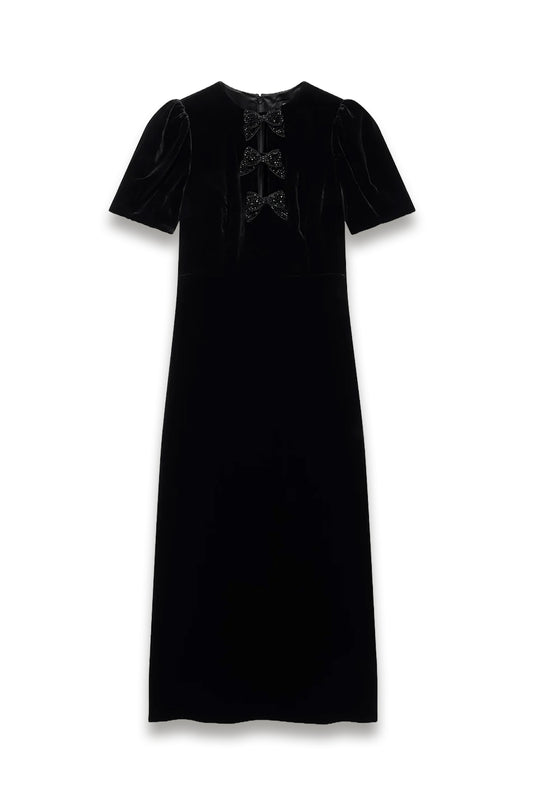 Black Velvet Bow Midi Dress