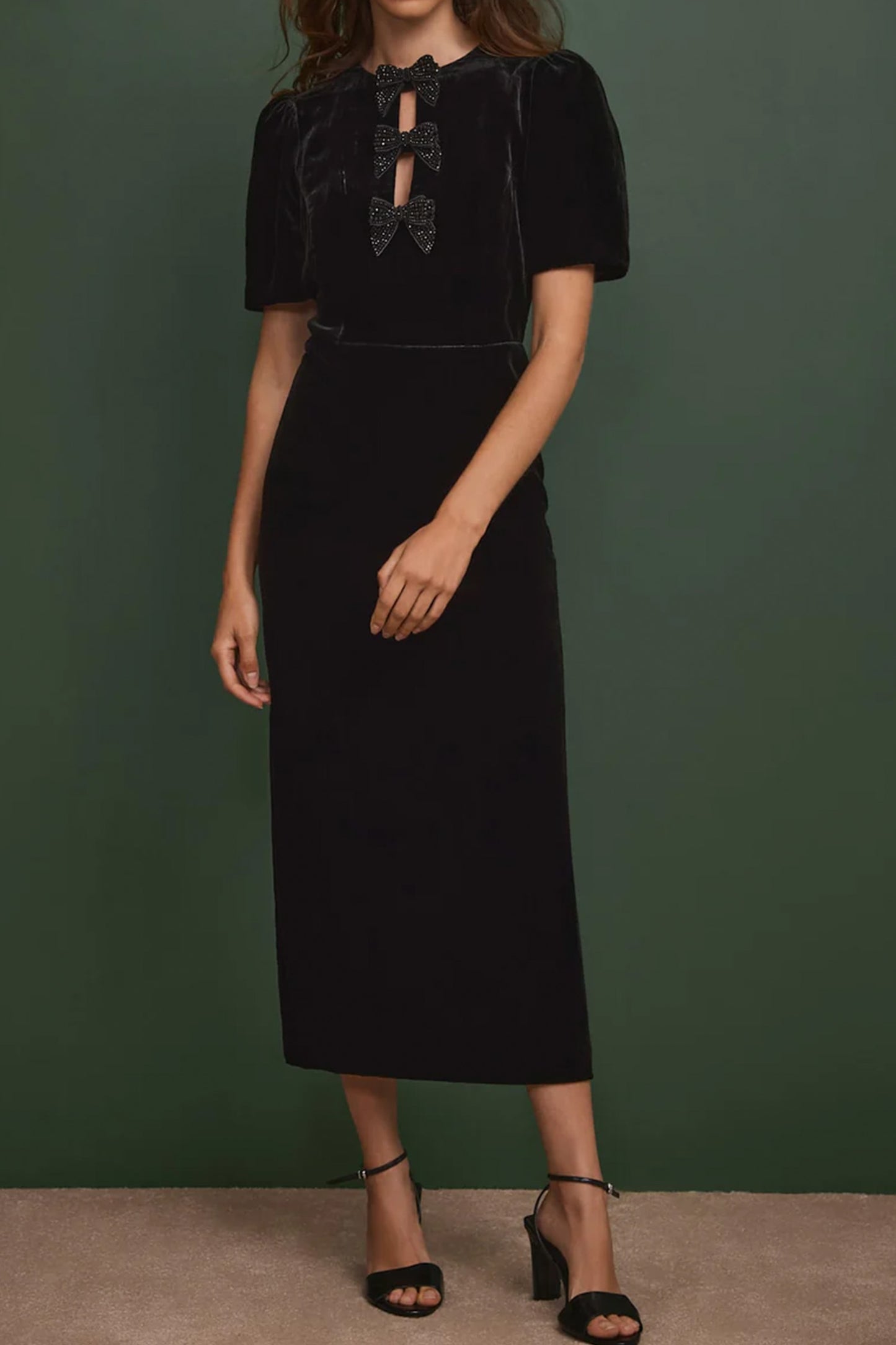 Black Velvet Bow Midi Dress