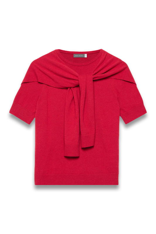 Red Scarf Detail Cotton Blend Knit Top