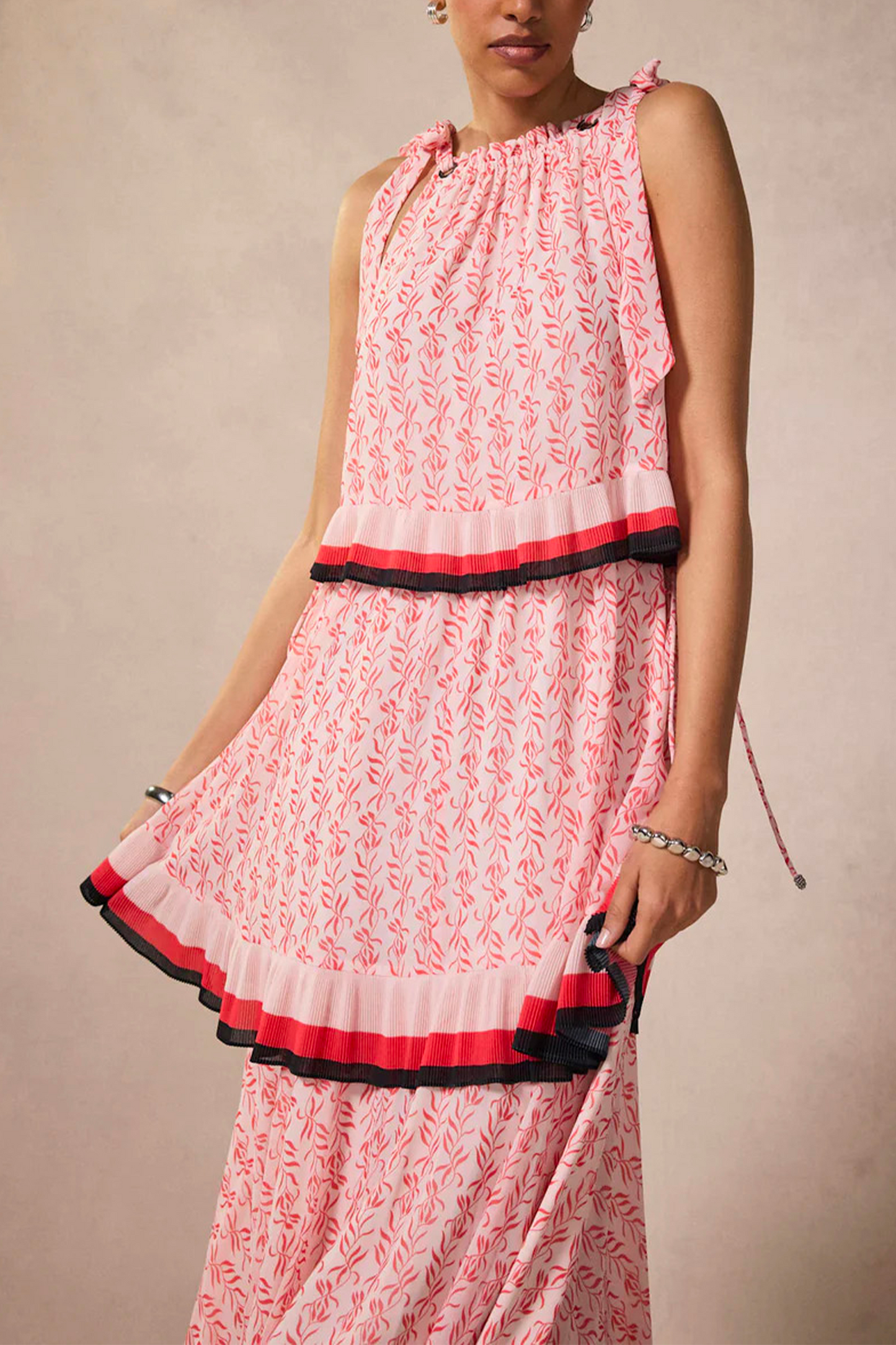 Pink Printed Tiered Midaxi Dress