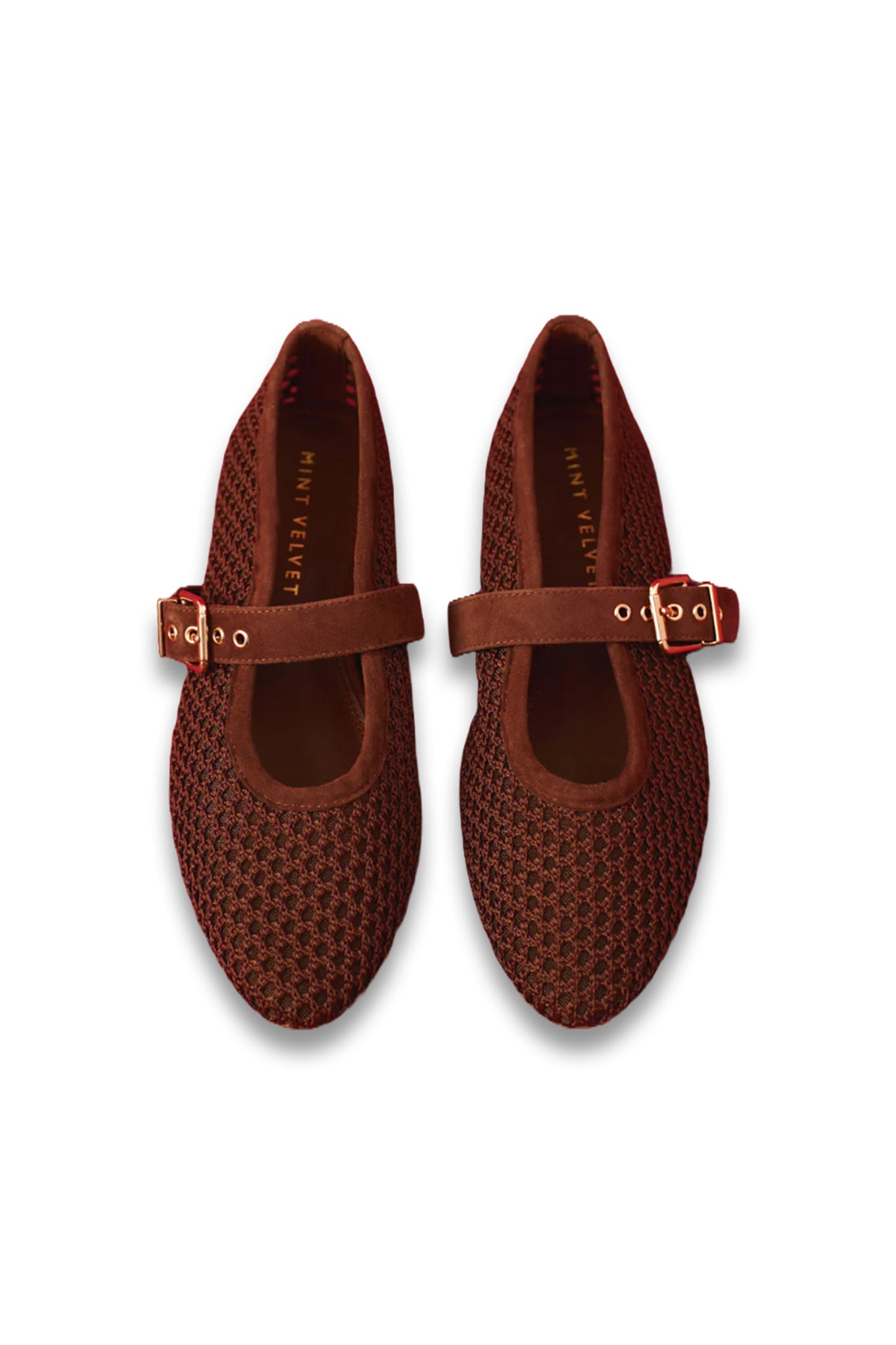 Pair of brown woven shoes with buckles on a white background