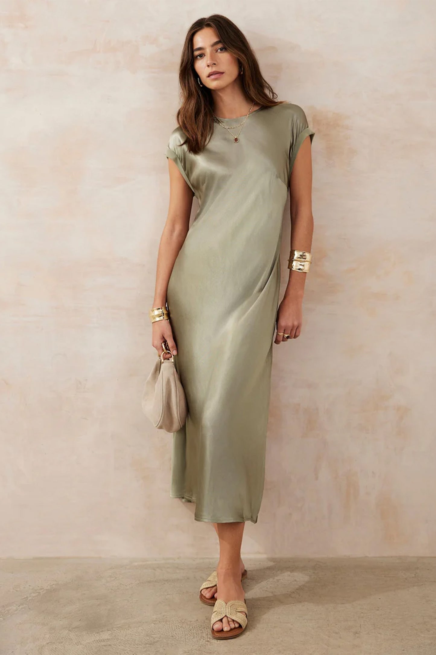 Khaki Satin Midi Dress