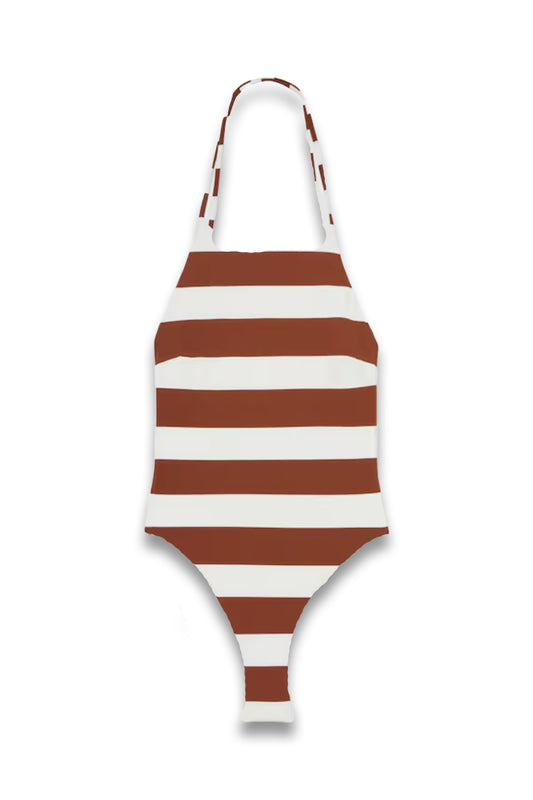 Kennedy Stripe Cross-Back Swimsuit in Brown/White