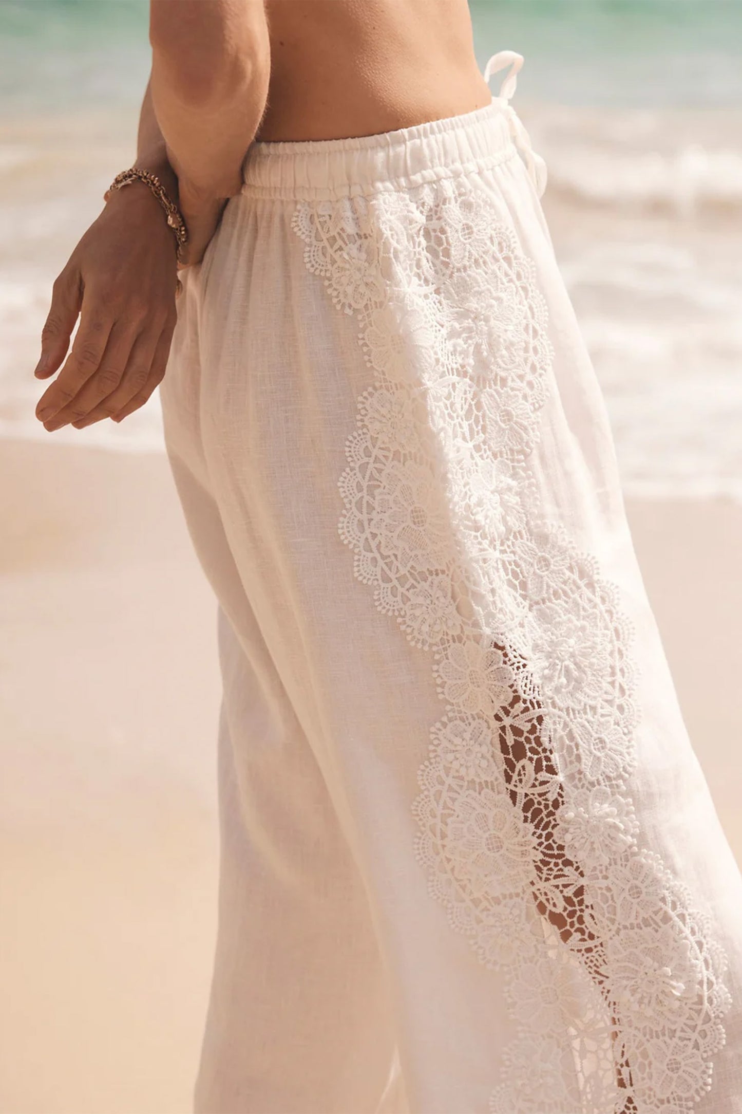 White Linen Lace Trim Wide Trousers