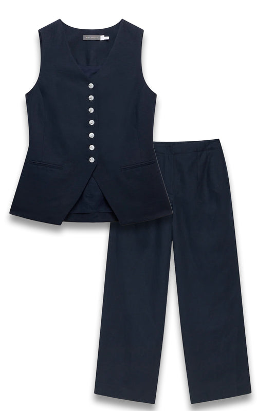 Navy Wide Leg Linen Blend Trousers and Waistcoat