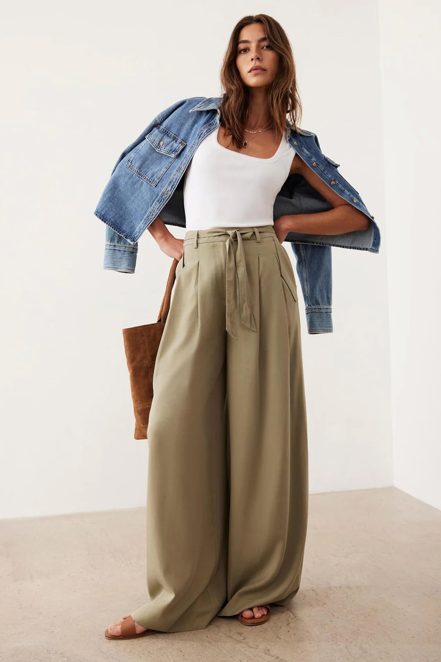 Khaki Belted Wide–Leg Trousers