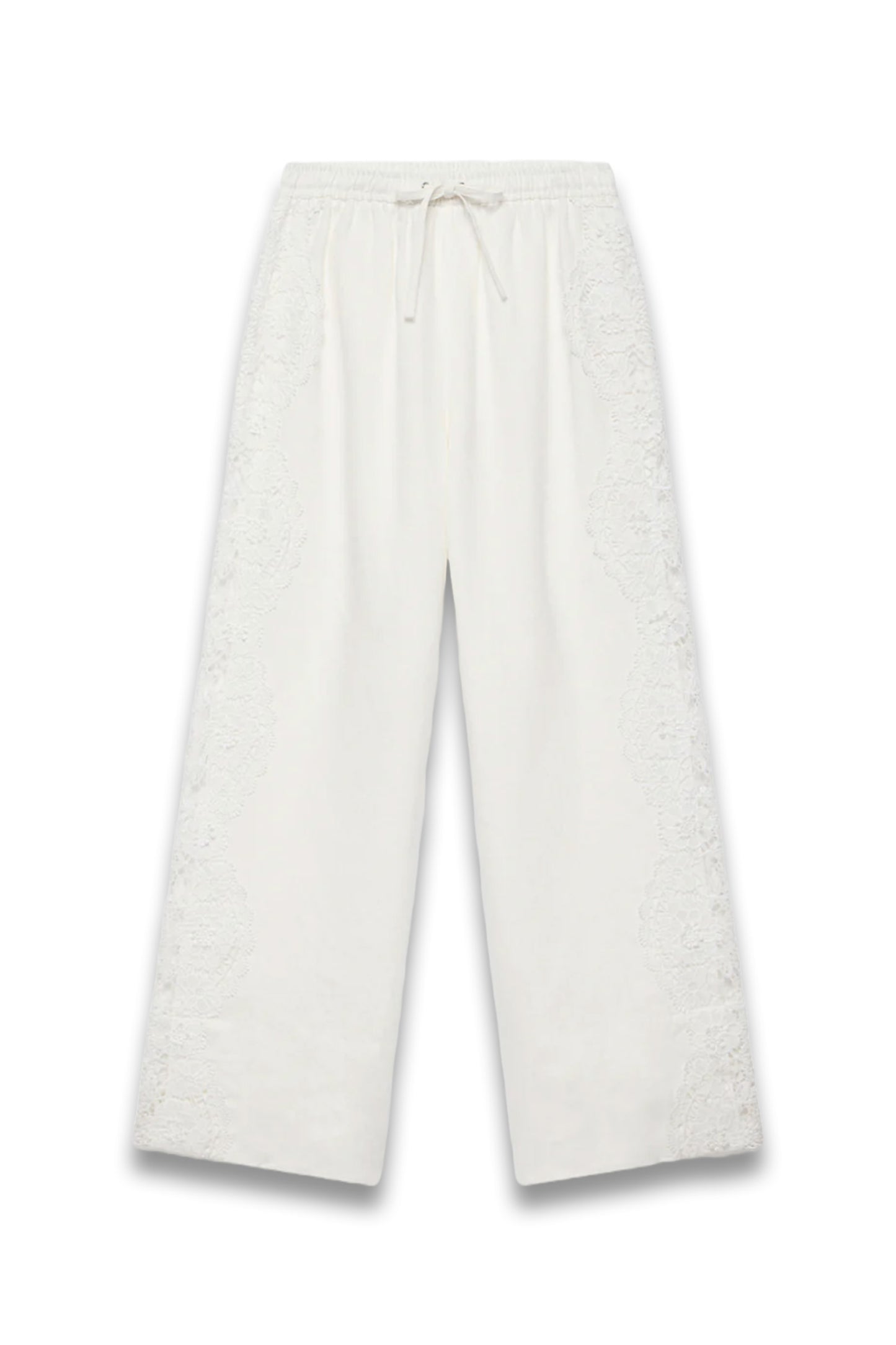 White Linen Lace Trim Wide Trousers