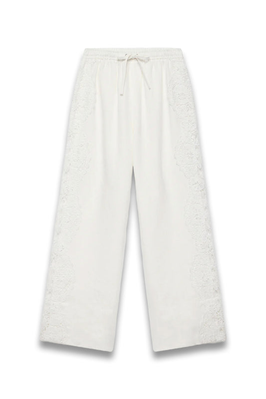 White Linen Lace Trim Wide Trousers