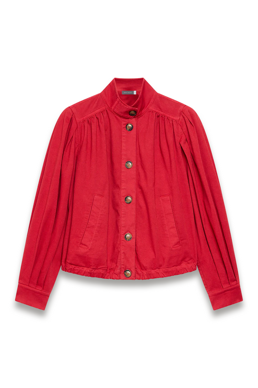Red Cotton Blend Puff Sleeve Jacket
