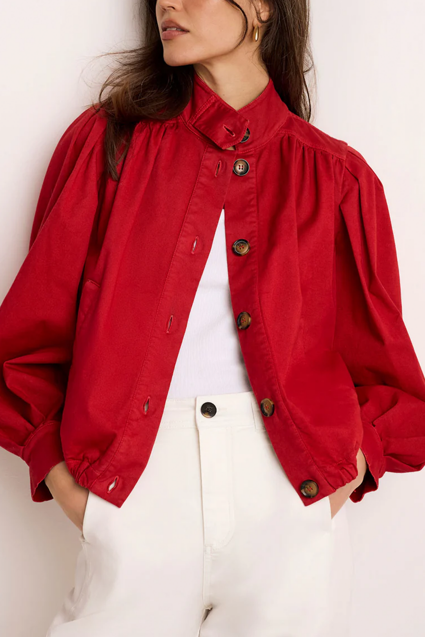 Red Cotton Blend Puff Sleeve Jacket
