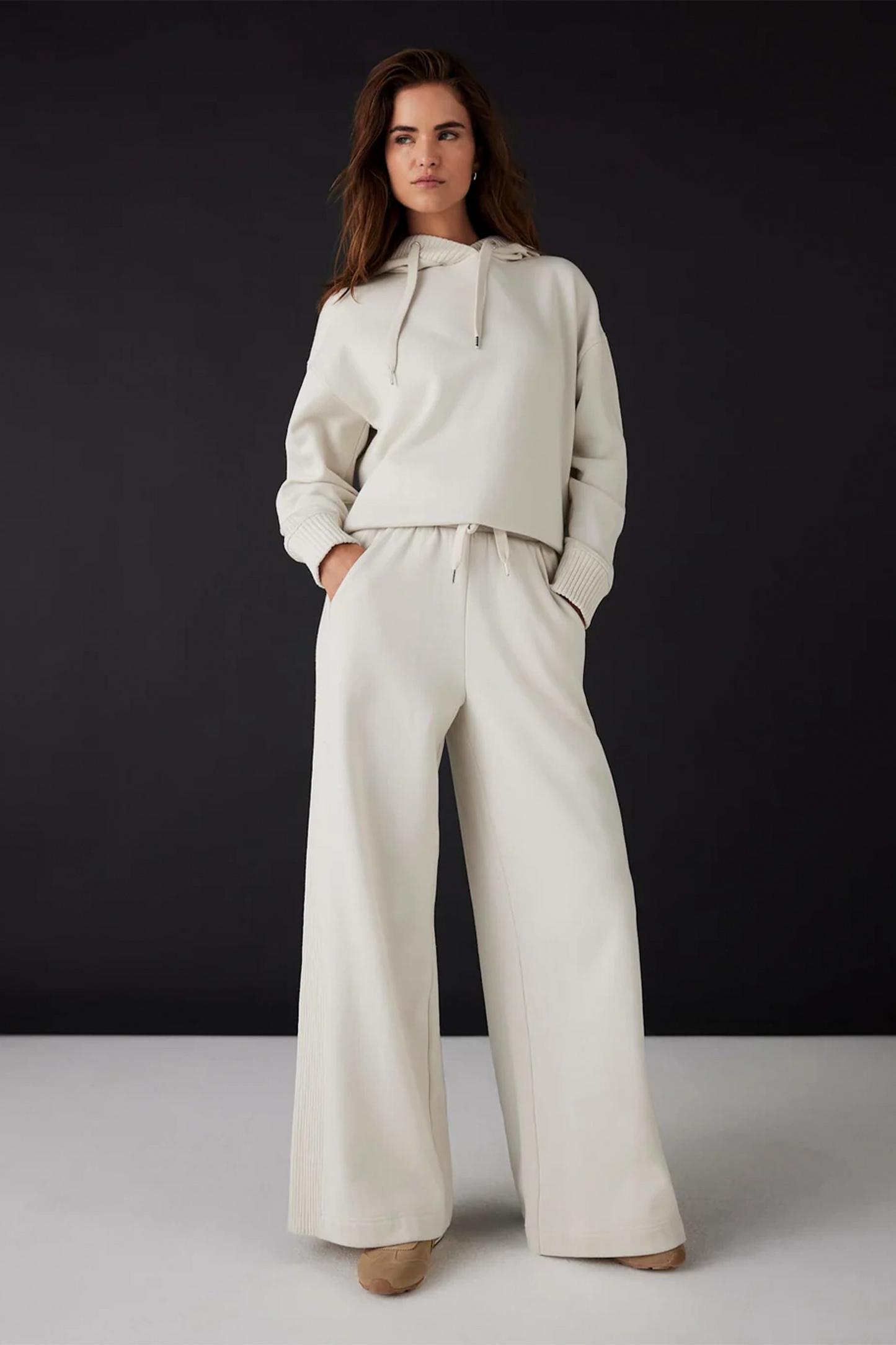 Cream Cotton Blend Hoodie with Wide Leg Joggers