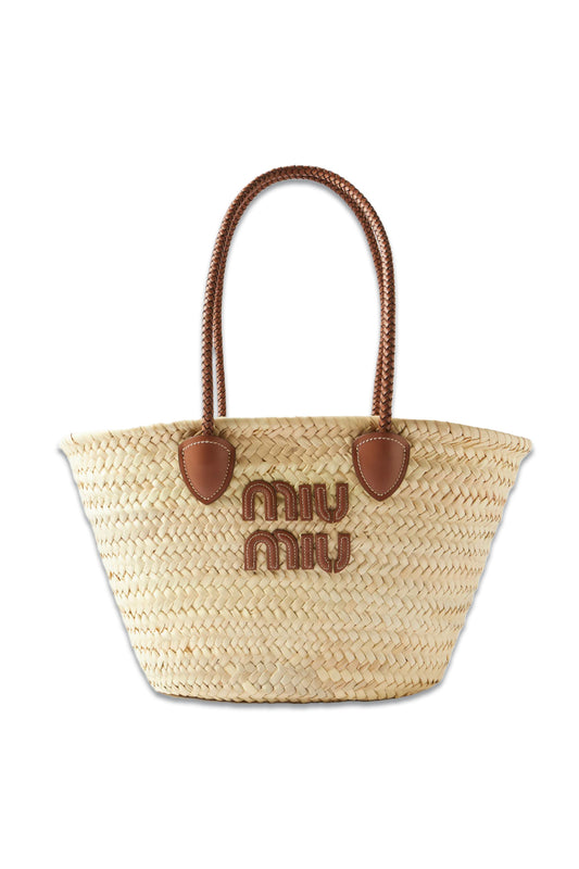 Logo-Appliqué Woven-Raffia Leather-Trim Basket Bag