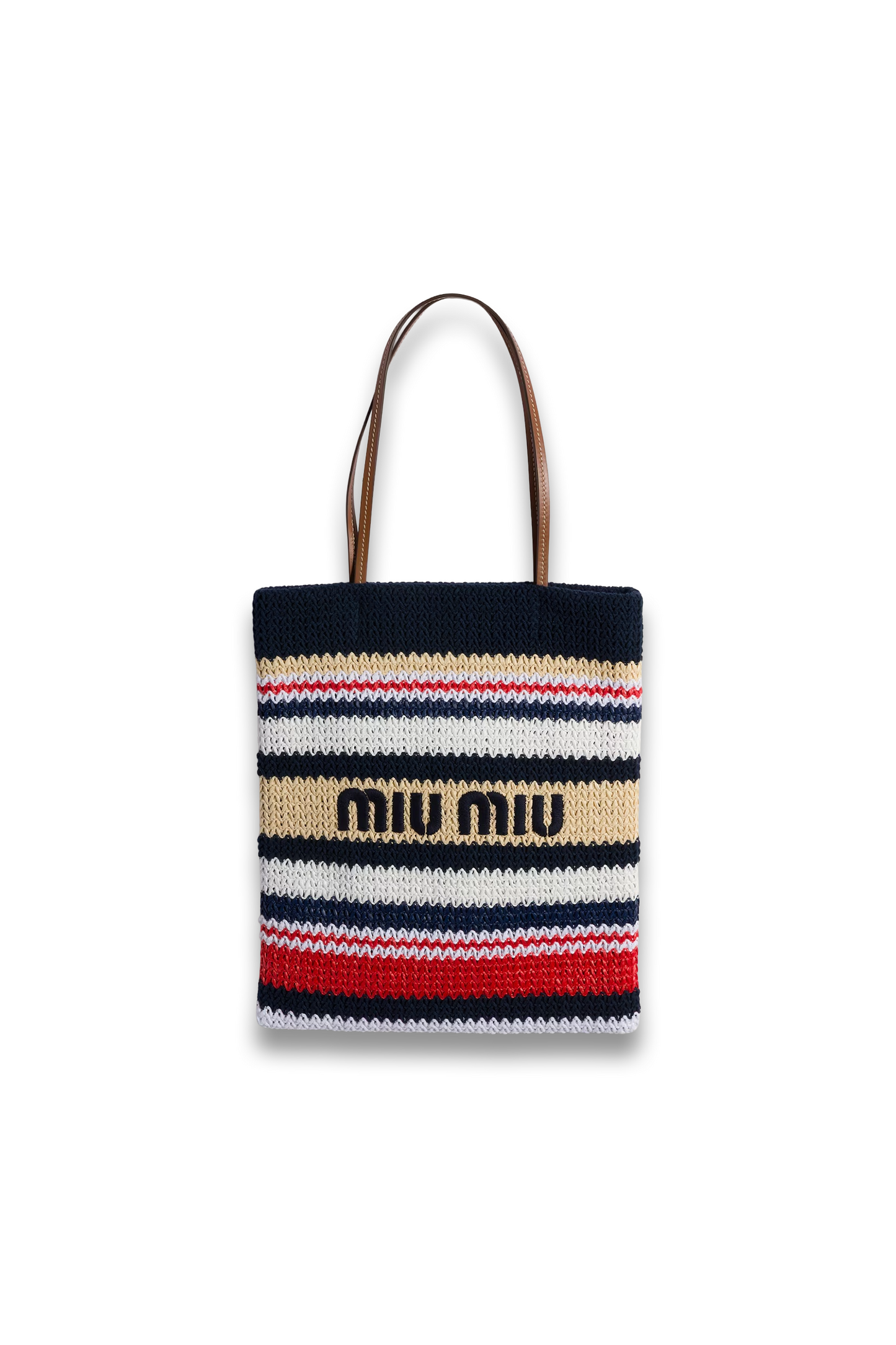 Raffia-effect Woven Tote Bag in Blue/ Red/ Natural