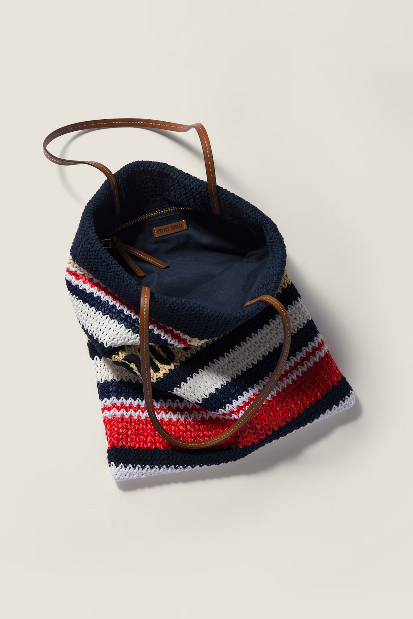 Raffia-effect Woven Tote Bag in Blue/ Red/ Natural
