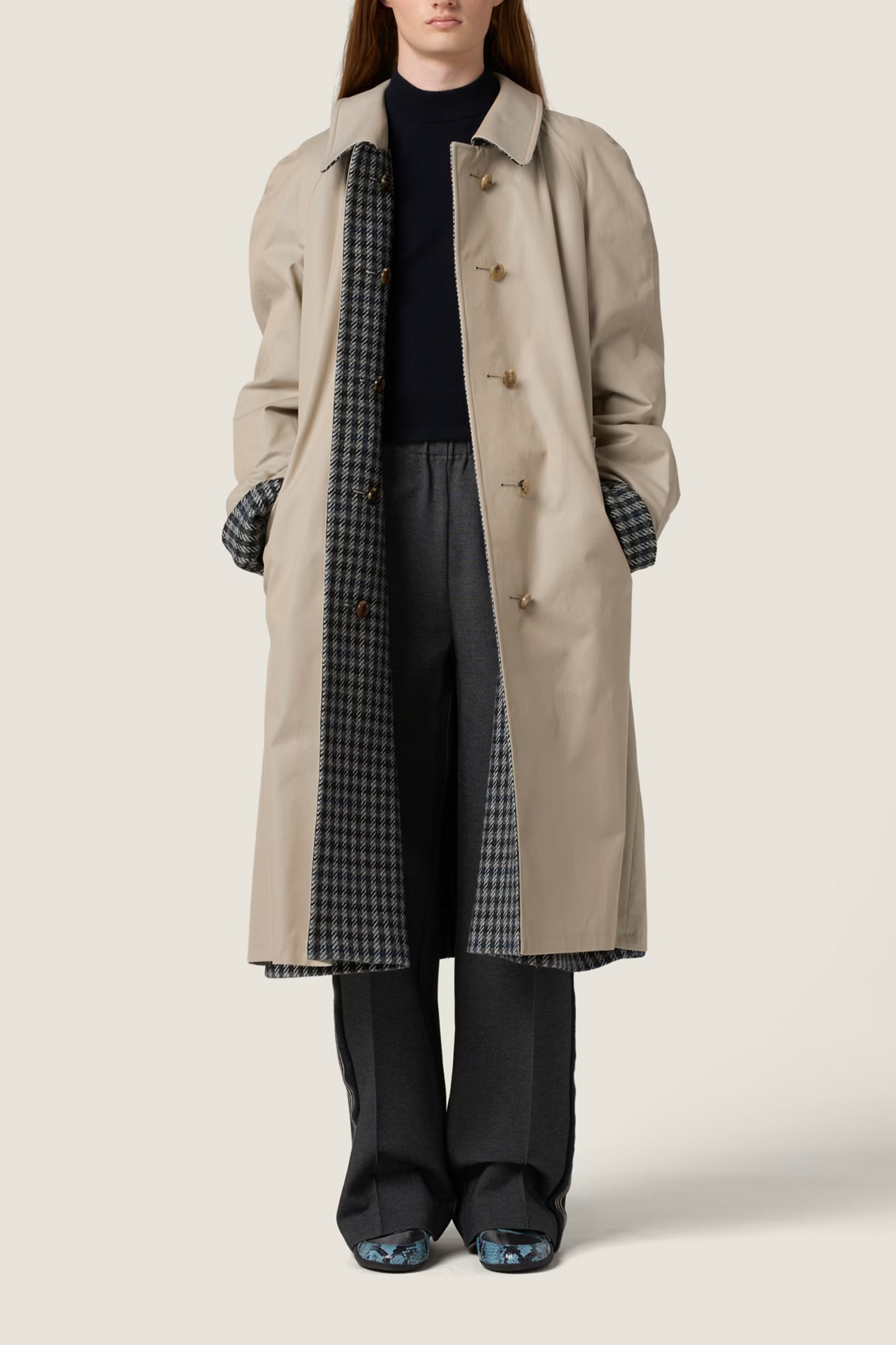 Reversible Twill and Check Trench Coat