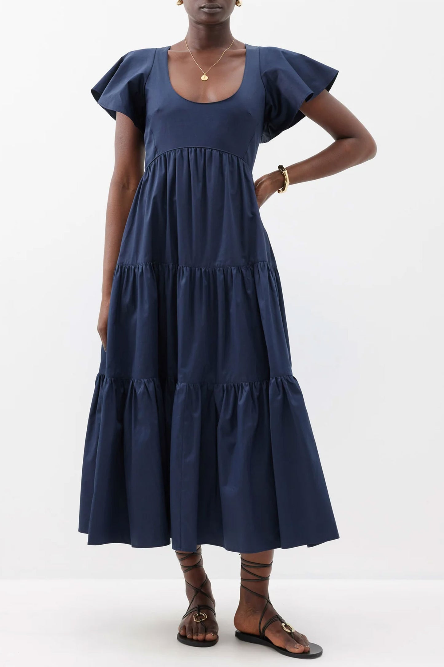 Fluted-Sleeve Tiered Midi Dress