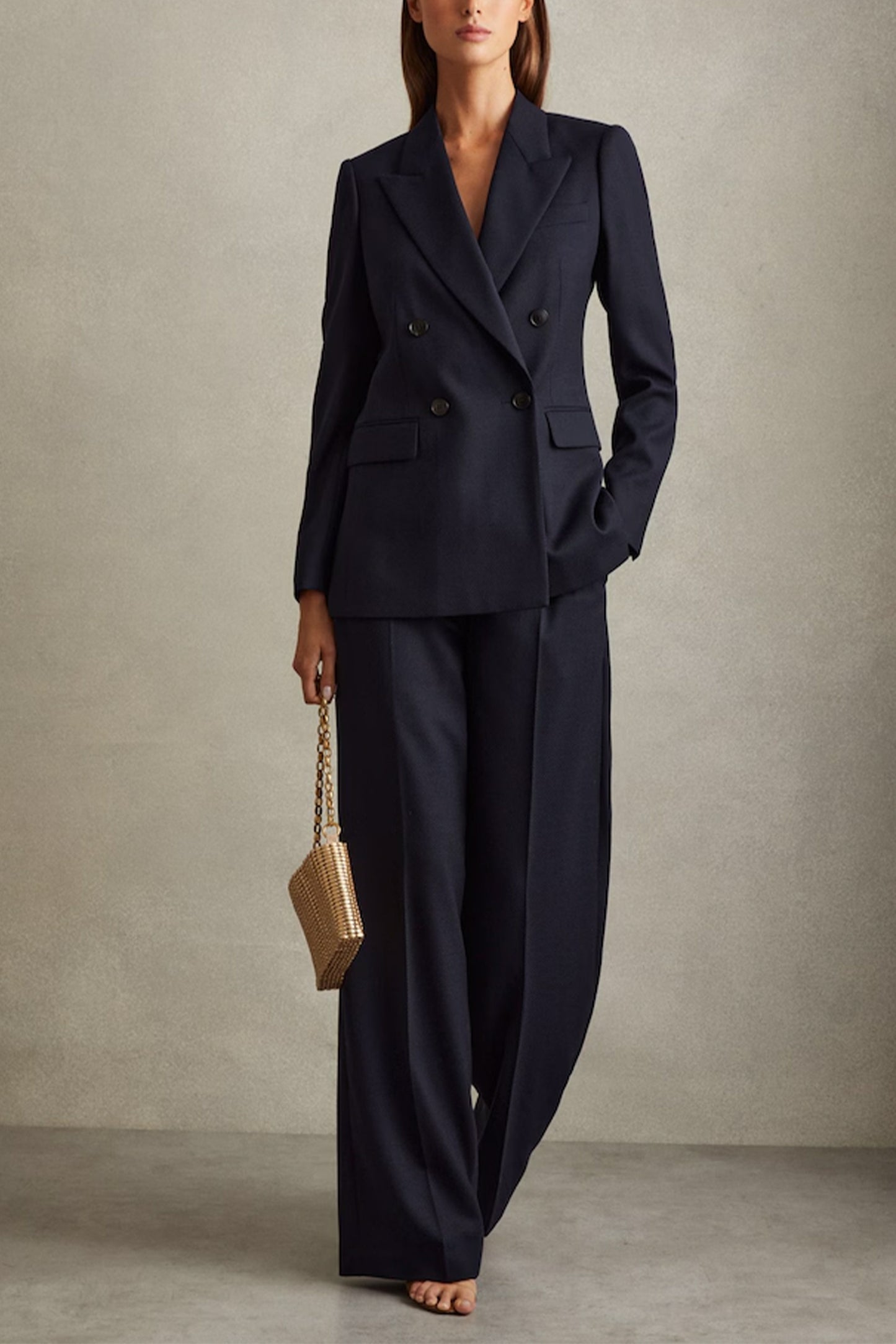 Hallie Textured Double Breasted Suit Blazer in Navy