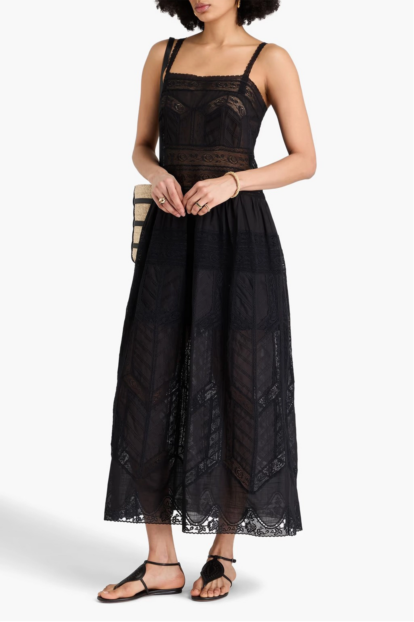 Lace-Paneled Cotton Midi Dress