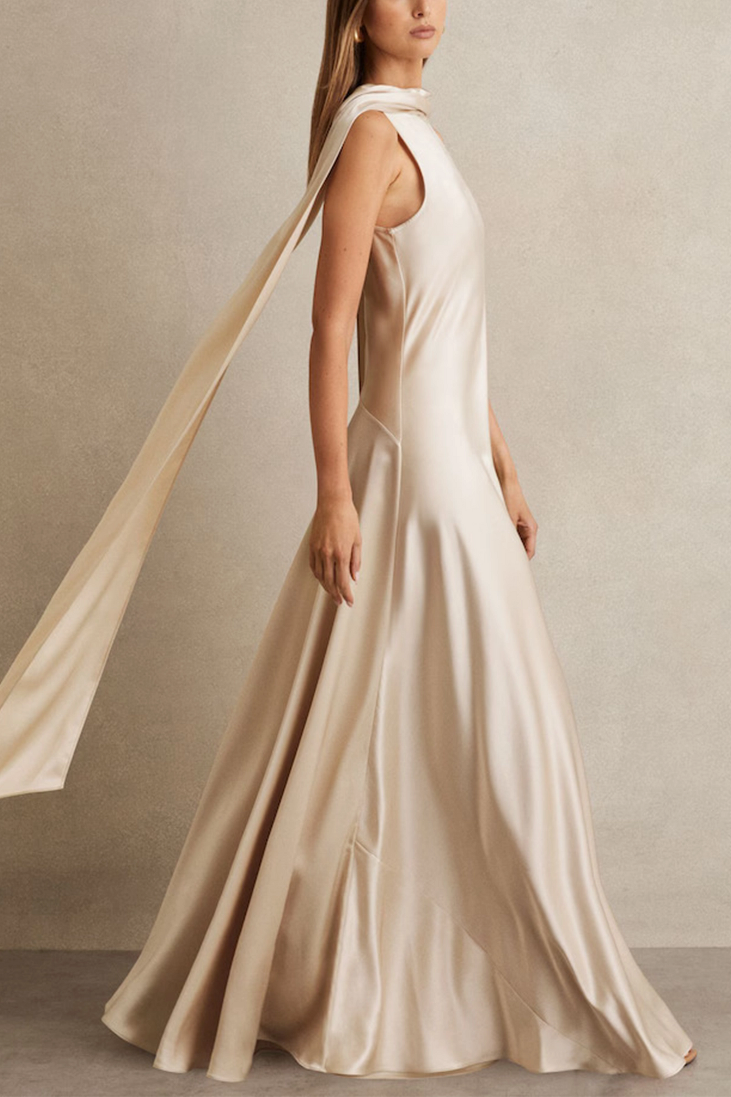 Fae Satin Cape Maxi Dress in Champagne