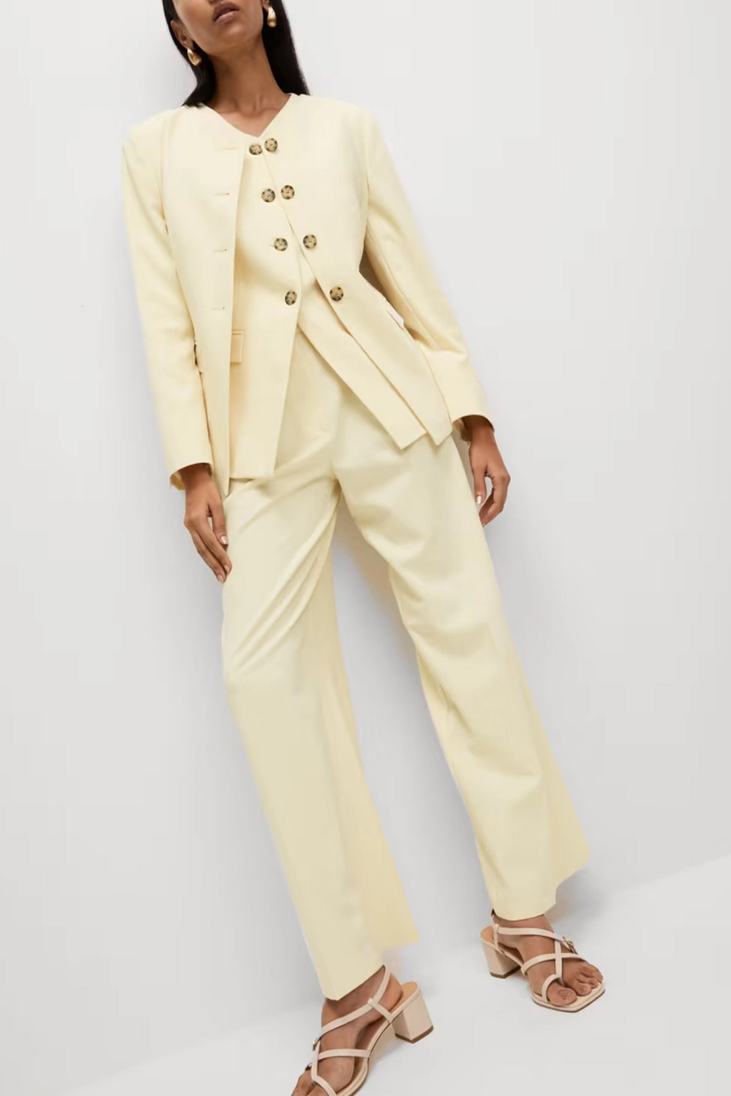 Tailored Collarless Blazer and Woven Pleat Front Wide Leg Trousers