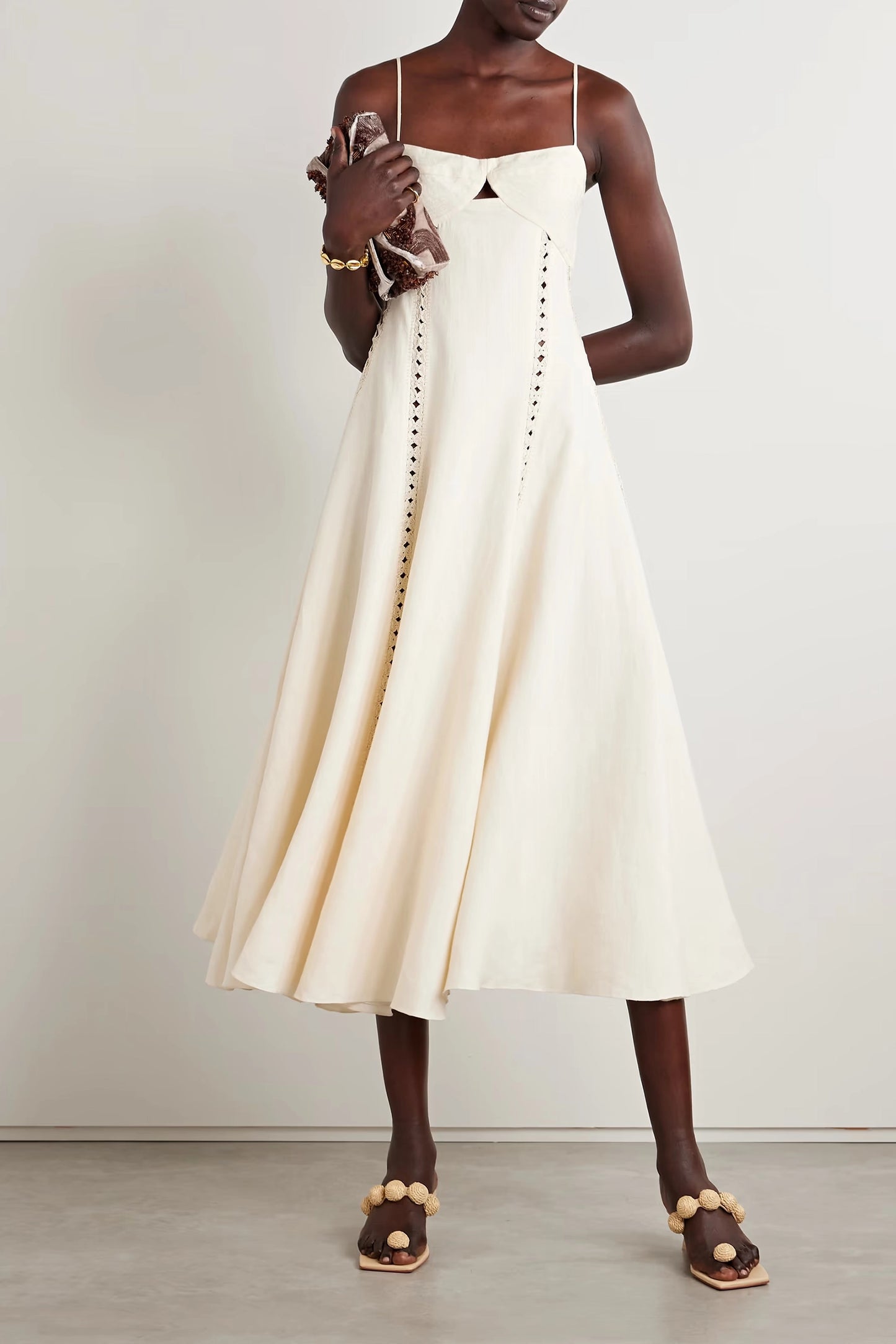 Catamaran Ventures Crochet-Trimmed Embroidered Linen Midi Dress